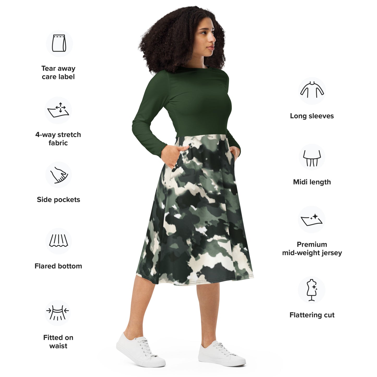 All-over print long sleeve midi dress