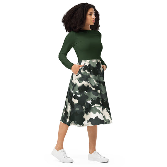 All-over print long sleeve midi dress