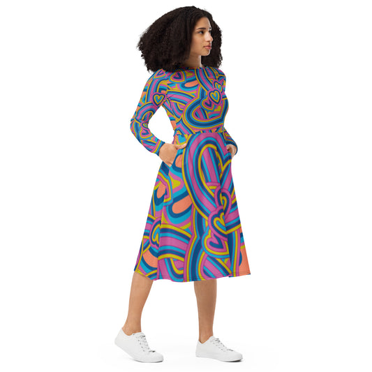 Robe midi à manches longues et imprimé all-over